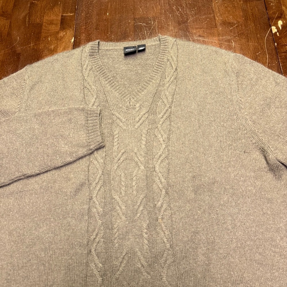 Hugo Boss Sweater Mens XL Brown Wool Mohair Cable Knit V-Neck Pullover